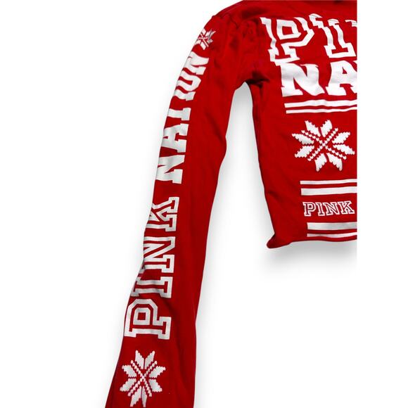 PINK Victoria Secret Red Festive Graphic Long Sleeve Crop Top Size XS - Picture 3 of 9
